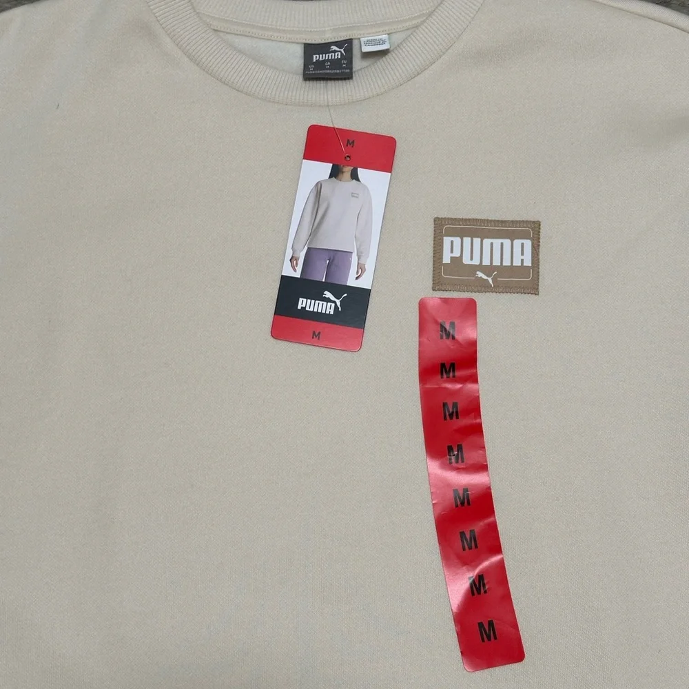 Women's PUMA Medium 8 10 Cream Fleece Sweatshirt Logo Crew Pullover Long Sleeve - Picture 6 of 12